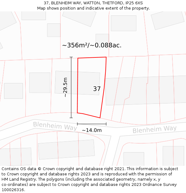 37, BLENHEIM WAY, WATTON, THETFORD, IP25 6XS: Plot and title map