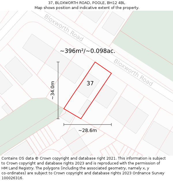 37, BLOXWORTH ROAD, POOLE, BH12 4BL: Plot and title map