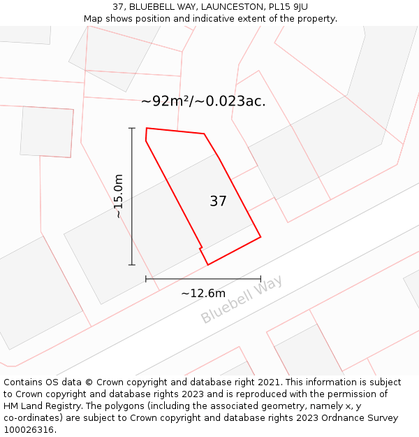 37, BLUEBELL WAY, LAUNCESTON, PL15 9JU: Plot and title map