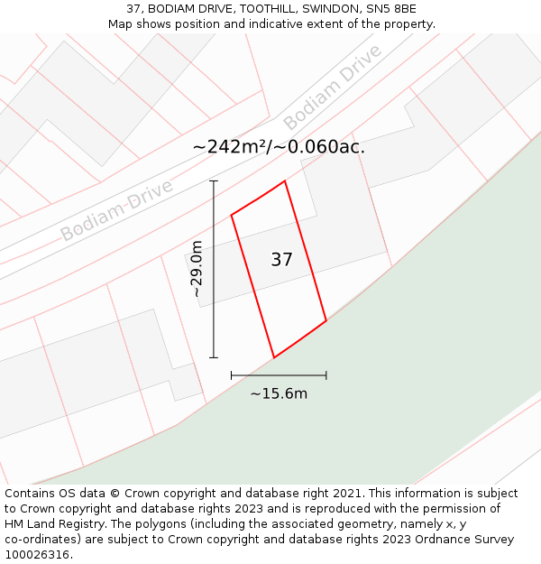 37, BODIAM DRIVE, TOOTHILL, SWINDON, SN5 8BE: Plot and title map