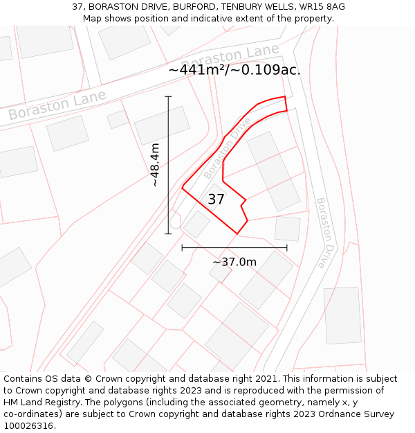 37, BORASTON DRIVE, BURFORD, TENBURY WELLS, WR15 8AG: Plot and title map