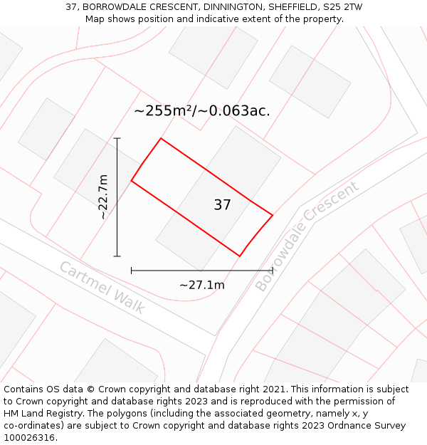 37, BORROWDALE CRESCENT, DINNINGTON, SHEFFIELD, S25 2TW: Plot and title map