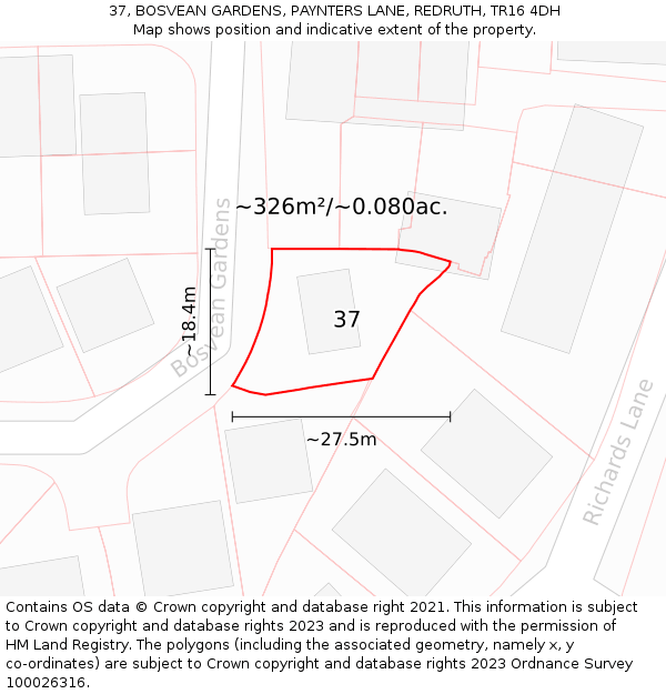 37, BOSVEAN GARDENS, PAYNTERS LANE, REDRUTH, TR16 4DH: Plot and title map