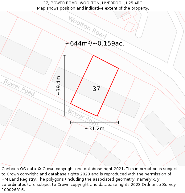 37, BOWER ROAD, WOOLTON, LIVERPOOL, L25 4RG: Plot and title map