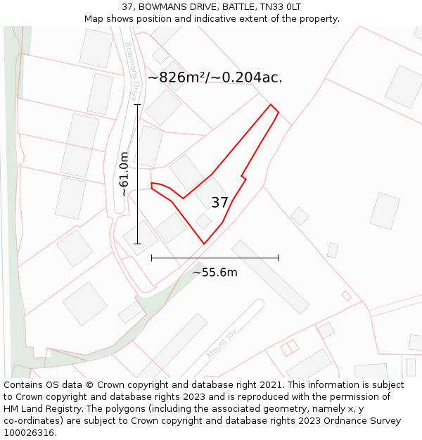 37, BOWMANS DRIVE, BATTLE, TN33 0LT: Plot and title map
