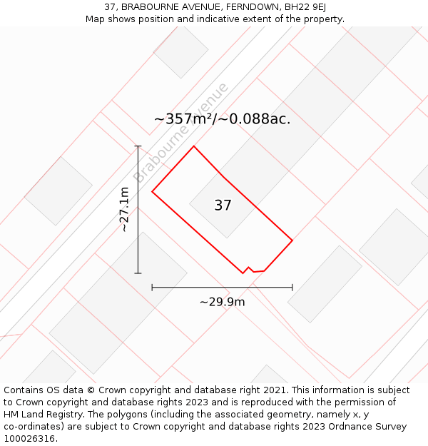37, BRABOURNE AVENUE, FERNDOWN, BH22 9EJ: Plot and title map