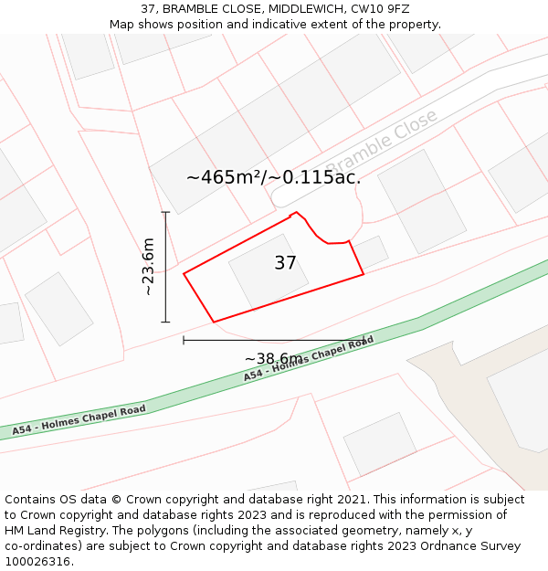 37, BRAMBLE CLOSE, MIDDLEWICH, CW10 9FZ: Plot and title map