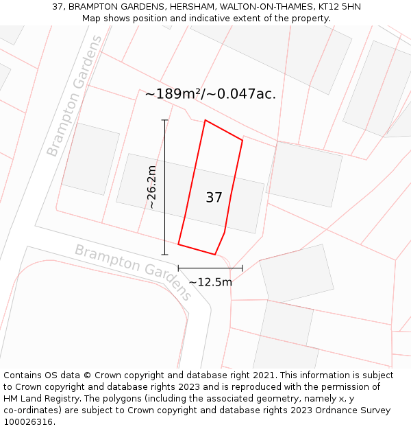 37, BRAMPTON GARDENS, HERSHAM, WALTON-ON-THAMES, KT12 5HN: Plot and title map