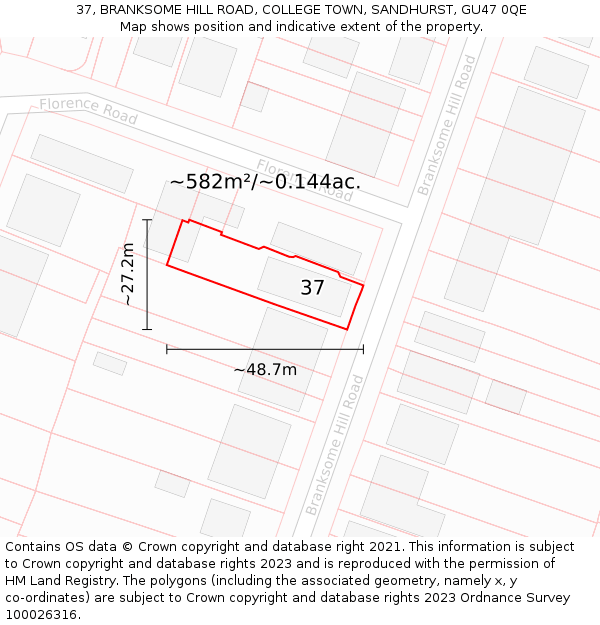 37, BRANKSOME HILL ROAD, COLLEGE TOWN, SANDHURST, GU47 0QE: Plot and title map