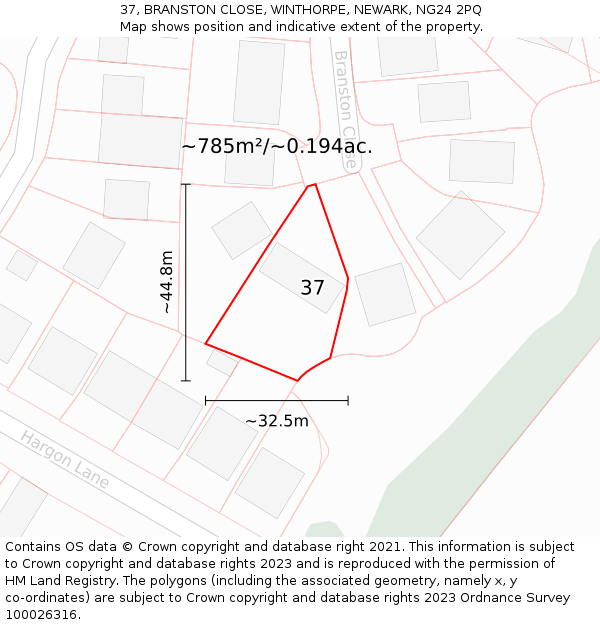 37, BRANSTON CLOSE, WINTHORPE, NEWARK, NG24 2PQ: Plot and title map