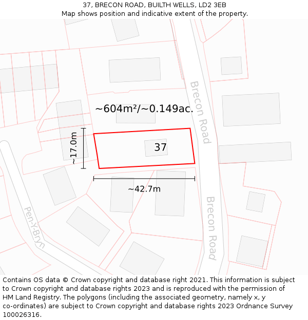 37, BRECON ROAD, BUILTH WELLS, LD2 3EB: Plot and title map