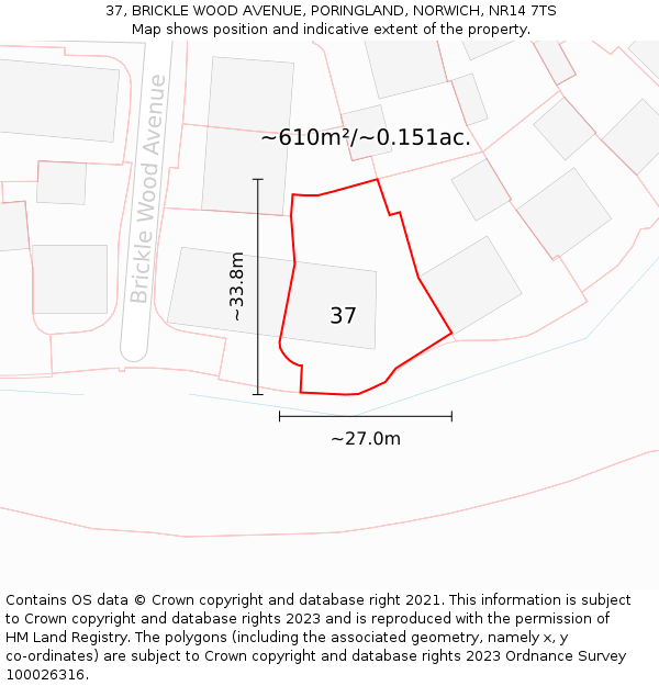 37, BRICKLE WOOD AVENUE, PORINGLAND, NORWICH, NR14 7TS: Plot and title map