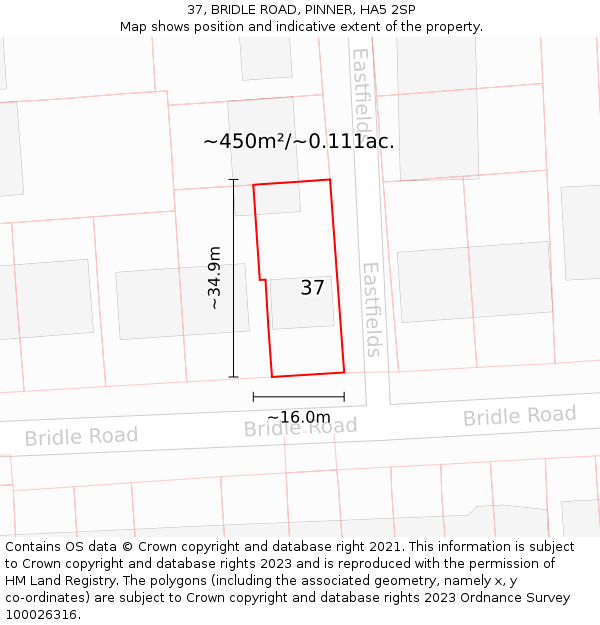 37, BRIDLE ROAD, PINNER, HA5 2SP: Plot and title map