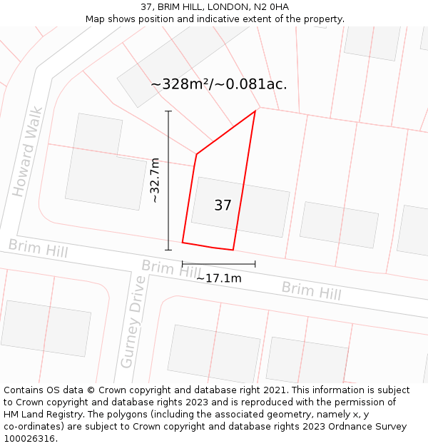 37, BRIM HILL, LONDON, N2 0HA: Plot and title map