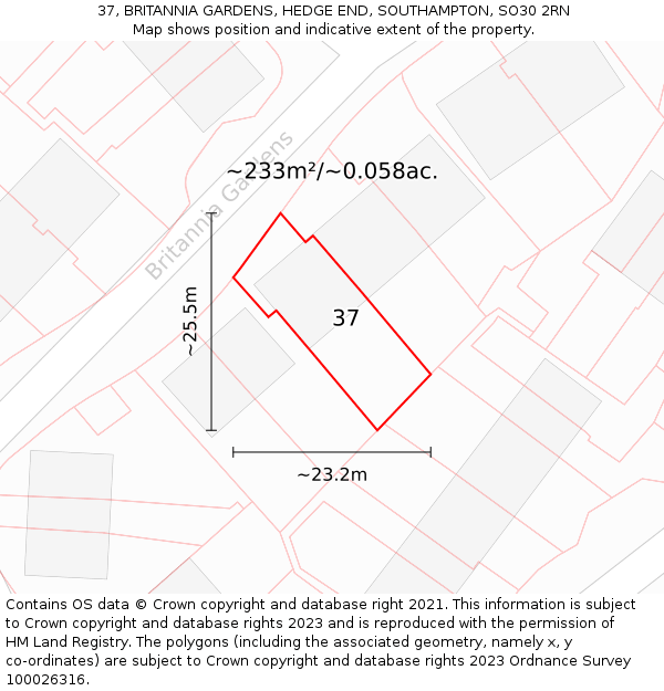 37, BRITANNIA GARDENS, HEDGE END, SOUTHAMPTON, SO30 2RN: Plot and title map