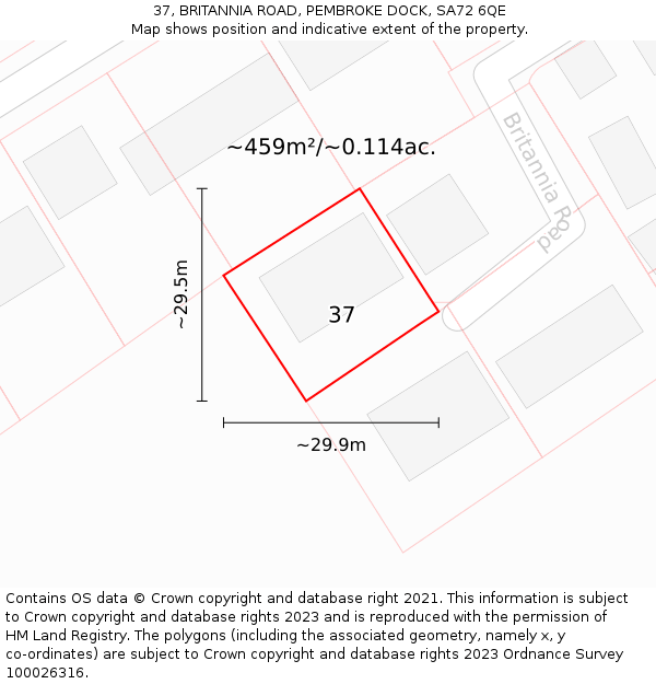 37, BRITANNIA ROAD, PEMBROKE DOCK, SA72 6QE: Plot and title map