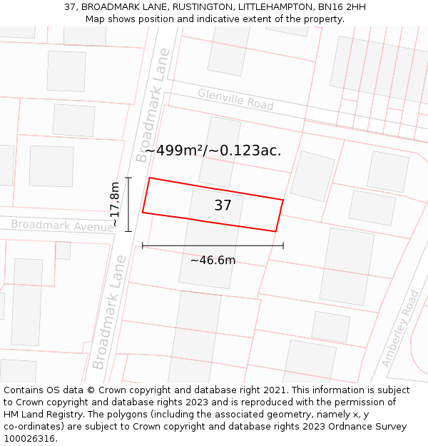 37, BROADMARK LANE, RUSTINGTON, LITTLEHAMPTON, BN16 2HH: Plot and title map