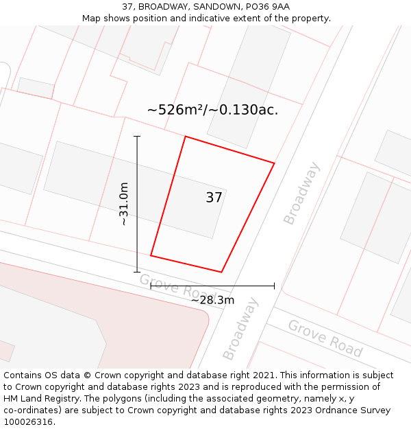 37, BROADWAY, SANDOWN, PO36 9AA: Plot and title map