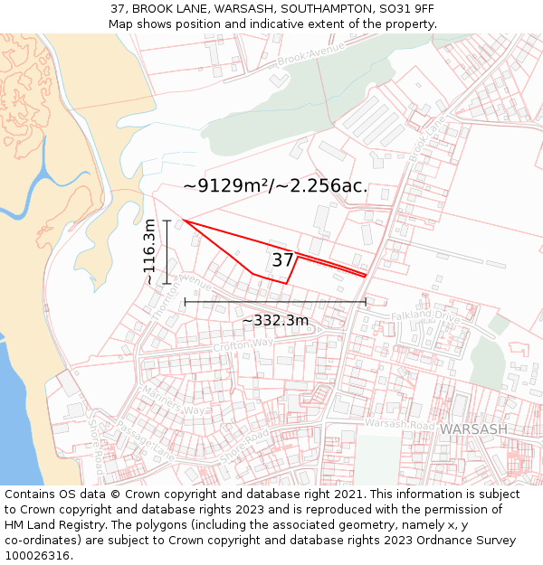 37, BROOK LANE, WARSASH, SOUTHAMPTON, SO31 9FF: Plot and title map