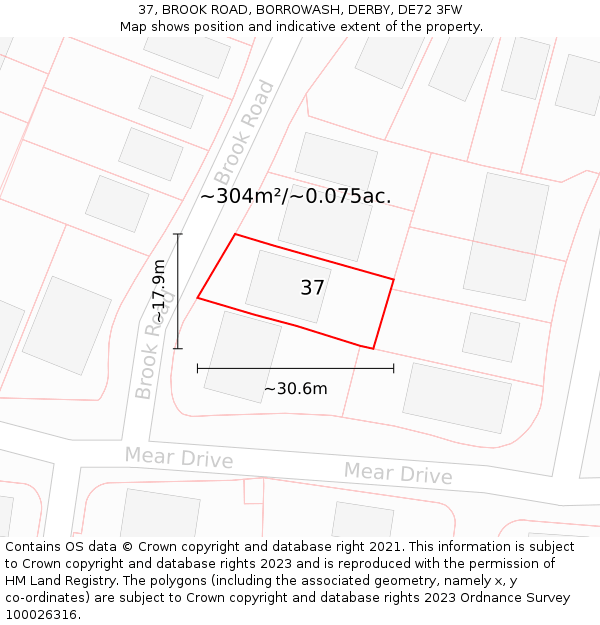 37, BROOK ROAD, BORROWASH, DERBY, DE72 3FW: Plot and title map