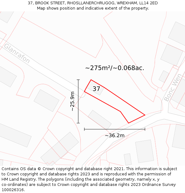 37, BROOK STREET, RHOSLLANERCHRUGOG, WREXHAM, LL14 2ED: Plot and title map