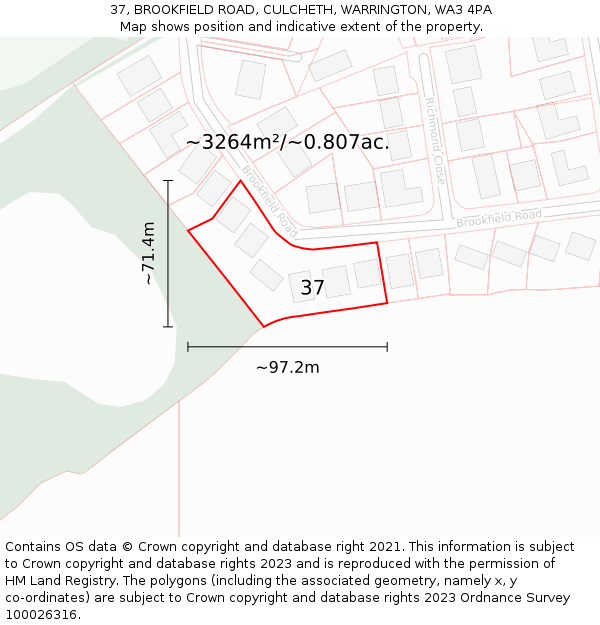 37, BROOKFIELD ROAD, CULCHETH, WARRINGTON, WA3 4PA: Plot and title map