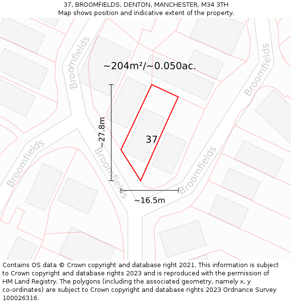 37, BROOMFIELDS, DENTON, MANCHESTER, M34 3TH: Plot and title map