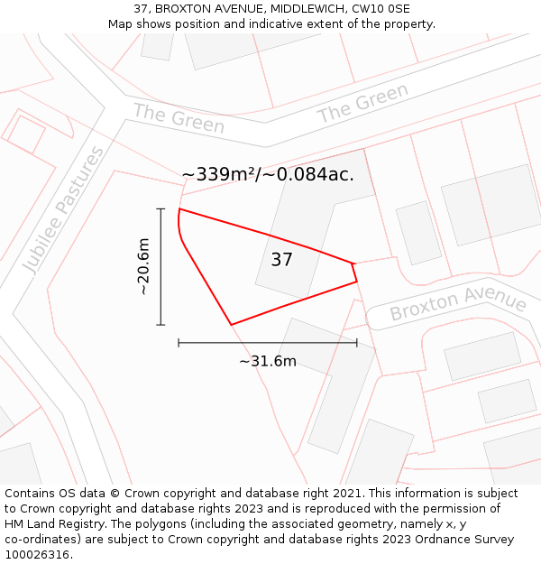 37, BROXTON AVENUE, MIDDLEWICH, CW10 0SE: Plot and title map