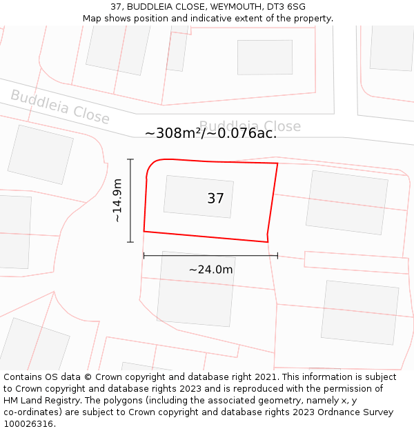 37, BUDDLEIA CLOSE, WEYMOUTH, DT3 6SG: Plot and title map