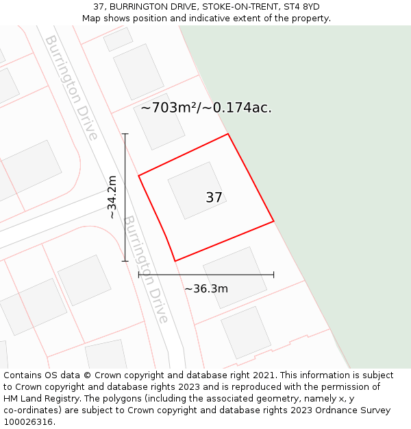 37, BURRINGTON DRIVE, STOKE-ON-TRENT, ST4 8YD: Plot and title map