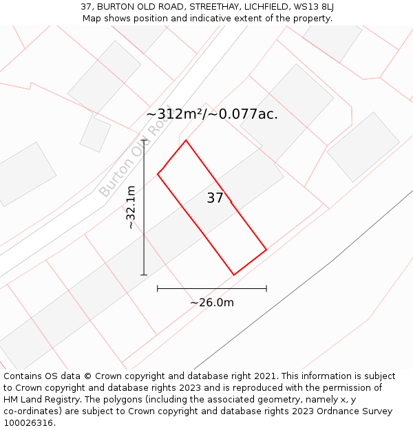 37, BURTON OLD ROAD, STREETHAY, LICHFIELD, WS13 8LJ: Plot and title map