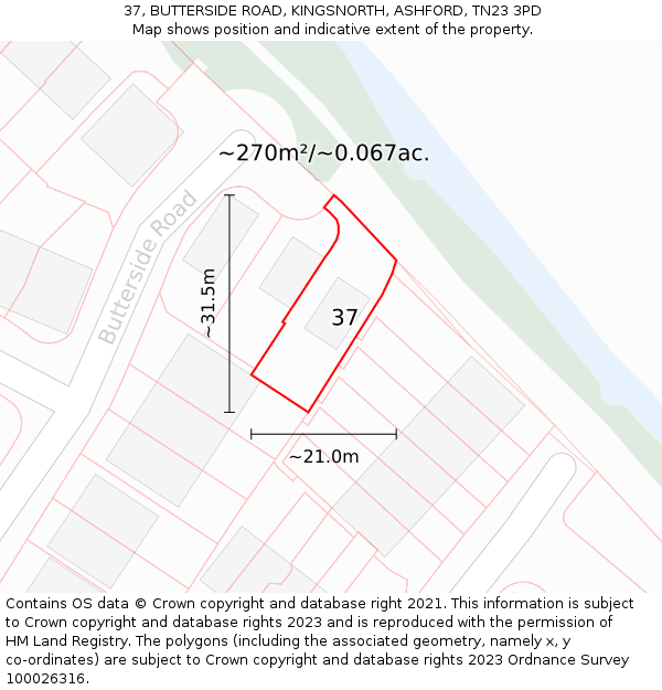 37, BUTTERSIDE ROAD, KINGSNORTH, ASHFORD, TN23 3PD: Plot and title map