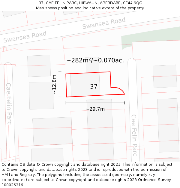 37, CAE FELIN PARC, HIRWAUN, ABERDARE, CF44 9QG: Plot and title map