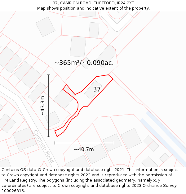 37, CAMPION ROAD, THETFORD, IP24 2XT: Plot and title map