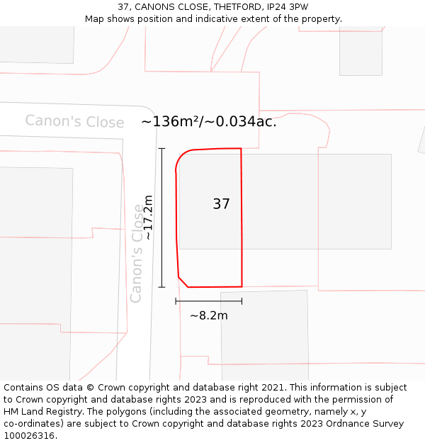 37, CANONS CLOSE, THETFORD, IP24 3PW: Plot and title map