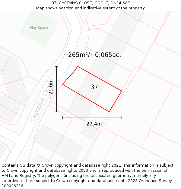 37, CAPTAINS CLOSE, GOOLE, DN14 6AB: Plot and title map