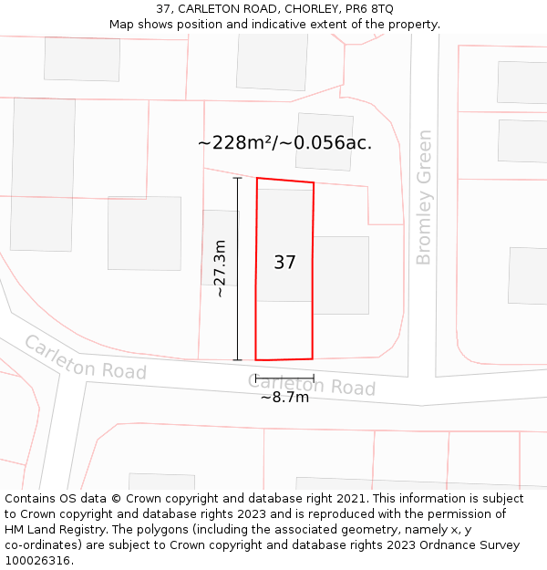 37, CARLETON ROAD, CHORLEY, PR6 8TQ: Plot and title map