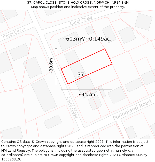 37, CAROL CLOSE, STOKE HOLY CROSS, NORWICH, NR14 8NN: Plot and title map