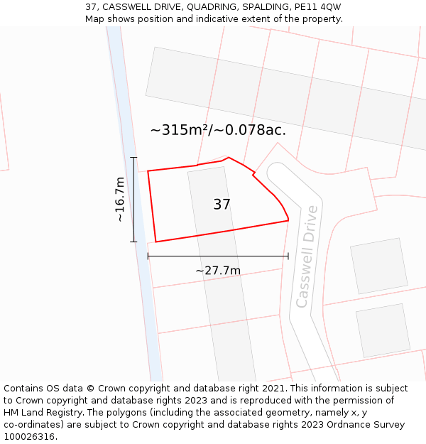 37, CASSWELL DRIVE, QUADRING, SPALDING, PE11 4QW: Plot and title map