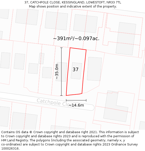 37, CATCHPOLE CLOSE, KESSINGLAND, LOWESTOFT, NR33 7TL: Plot and title map
