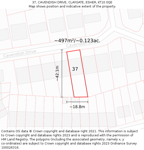 37, CAVENDISH DRIVE, CLAYGATE, ESHER, KT10 0QE: Plot and title map