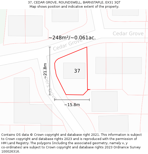 37, CEDAR GROVE, ROUNDSWELL, BARNSTAPLE, EX31 3QT: Plot and title map