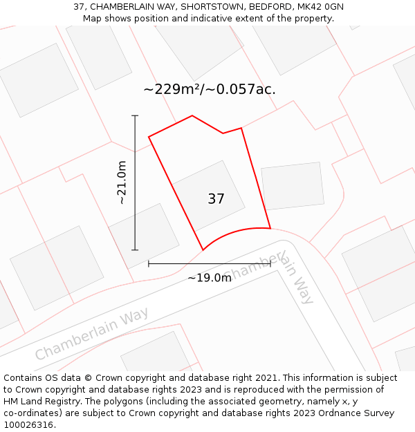 37, CHAMBERLAIN WAY, SHORTSTOWN, BEDFORD, MK42 0GN: Plot and title map