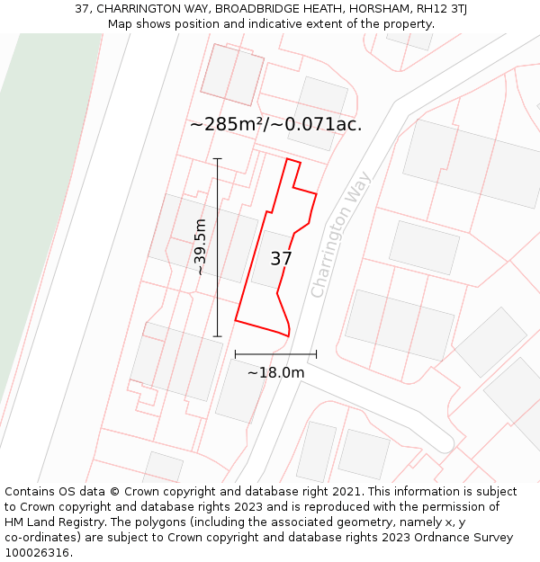 37, CHARRINGTON WAY, BROADBRIDGE HEATH, HORSHAM, RH12 3TJ: Plot and title map