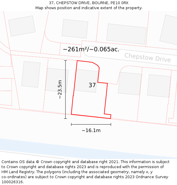 37, CHEPSTOW DRIVE, BOURNE, PE10 0RX: Plot and title map