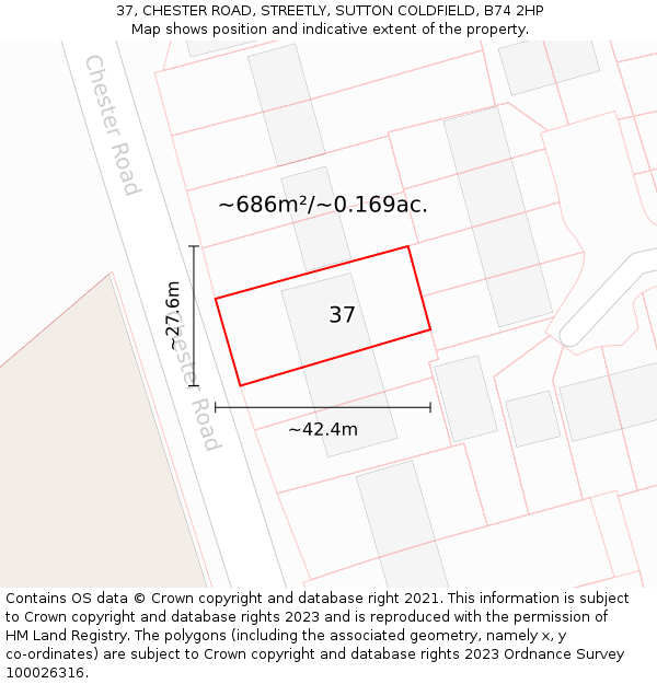 37, CHESTER ROAD, STREETLY, SUTTON COLDFIELD, B74 2HP: Plot and title map