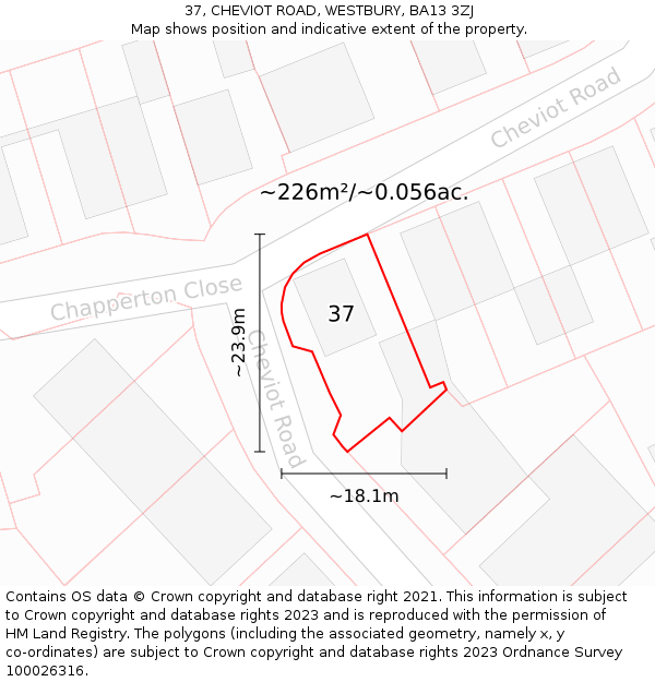 37, CHEVIOT ROAD, WESTBURY, BA13 3ZJ: Plot and title map