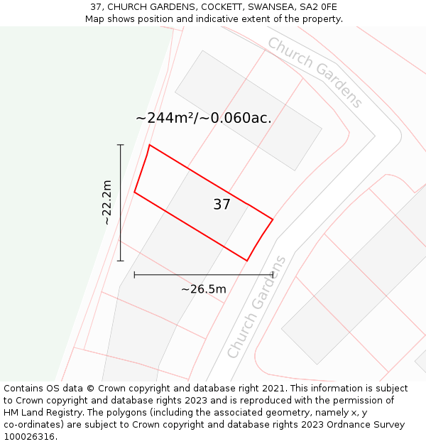 37, CHURCH GARDENS, COCKETT, SWANSEA, SA2 0FE: Plot and title map