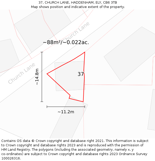 37, CHURCH LANE, HADDENHAM, ELY, CB6 3TB: Plot and title map