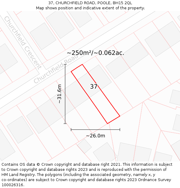 37, CHURCHFIELD ROAD, POOLE, BH15 2QL: Plot and title map